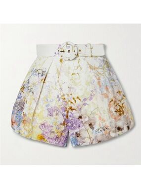 Zimmermann White Floral High-Waist Belted Linen-Blend Shorts sz 2